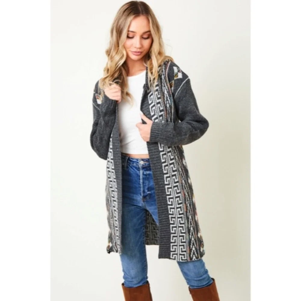 SOLD OUT Gray Native Cowichan Aztec Hooded Cardigan Sweater - Picture 4 of 10